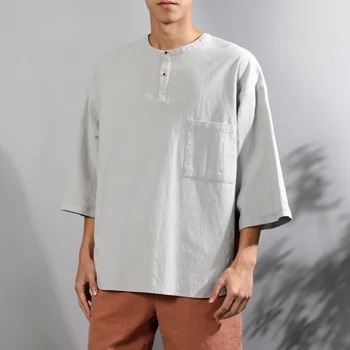 2023 NOVÉ 100% Bavlna Tričká Pre Mužov Japonský Štýl Pevné Obyčajný Bežné Pol-puzdre Tričko Voľné Blúzky, camisa masculina